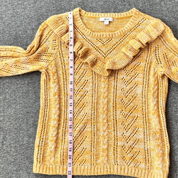 Kensie Heathered Open Knit Ruffle Sweater Sz M Retro Mustard Shabby Chic Cottage - Picture 10 of 12